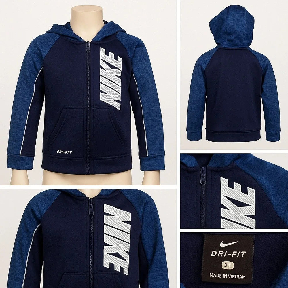 NWT Nike Boy Blue Dri-FIT Full‎ Zip Hooded Jacket 2T Toddler Activewear Preppy